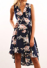 Purplish Blue Flowers Print Swallowtail Draped V-neck Casual Maxi Dress