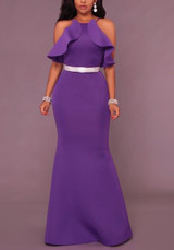 Purple Ruffle Zipper Spaghetti Strap Mermaid Backless Round Neck Banquet Party Maxi Dress