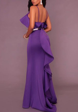 Purple Ruffle Zipper Spaghetti Strap Mermaid Backless Round Neck Banquet Party Maxi Dress