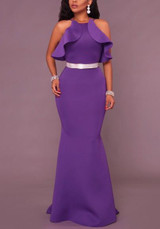 Purple Ruffle Zipper Spaghetti Strap Mermaid Backless Round Neck Banquet Party Maxi Dress