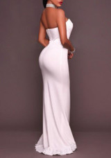 White Lace Draped Off Shoulder Side Slit Backless Elegant Banquet Party Maxi Dress