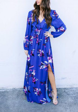Royal Blue Drawstring Draped Side Slit Flowy Deep V-neck Bohemian Maxi Dress
