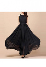 Black Plain Belt Round Neck Bohemian Chiffon Maxi Dress