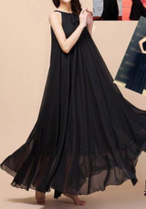 Black Plain Belt Round Neck Bohemian Chiffon Maxi Dress