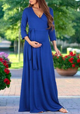 Blue Sashes Draped V-neck Maternity Banquet For Babyshower Elegant Party Maxi Dress