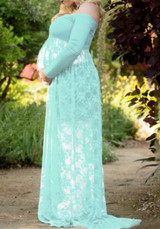 Green Lace Draped Slit Off Shoulder Maternity For Babyshower Elegant Party Maxi Dress