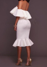 White Plain Ruffle Boat Neck Elbow Sleeve Maxi Dress