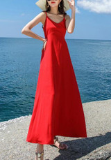 Red Draped Buttons Spaghetti Strap Backless V-neck Bohemian Maxi Dress