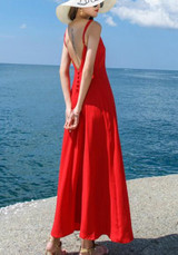 Red Draped Buttons Spaghetti Strap Backless V-neck Bohemian Maxi Dress