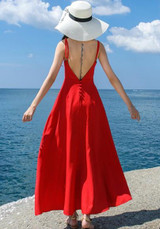 Red Draped Buttons Spaghetti Strap Backless V-neck Bohemian Maxi Dress