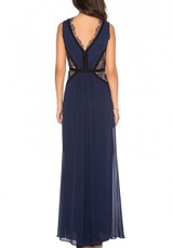 Blue Patchwork Lace Draped V-neck Sleeveless Prom Evening Party Maxi Dress