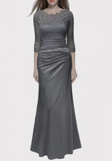 Grey Patchwork Lace Pleated Prom Evening Party Elegant Maxi Dress