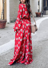 Red Sashes Side Slit Flowy Deep V-neck Vegas Bohemian Maxi Dress