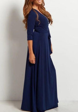 Navy Blue Draped Sashes V-neck 3/4 Sleeve Elegant Prom Evening Party Maxi Dress