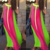 Rose Carmine Patchwork Cut Out Round Neck Fashion Maxi Dress