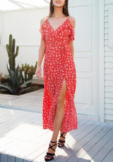 Red Ruffle Side Slit Spaghetti Strap Backless Flowy Bohemian Las Vegas Maxi Dress