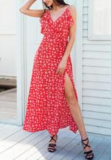 Red Ruffle Side Slit Spaghetti Strap Backless Flowy Bohemian Las Vegas Maxi Dress