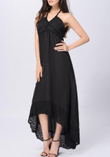 Black Patchwork Lace Zipper Tie Back Halter Neck High-low Maxi Dress