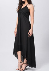 Black Patchwork Lace Zipper Tie Back Halter Neck High-low Maxi Dress