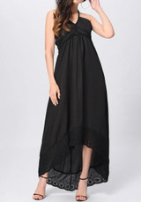 Black Patchwork Lace Zipper Tie Back Halter Neck High-low Maxi Dress