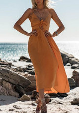 Yellow Cut Out Draped Knot Spaghetti Strap Flowy Bohemian Party Maxi Dress
