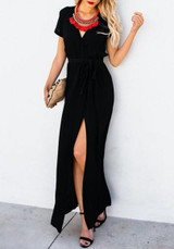 Black Sashes Draped Side Slit V-neck Office Worker/Daily Elegant Maxi Dress