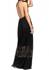 Black Lace Draped Lace-up Backless V-neck Elegant Party Maxi Dress