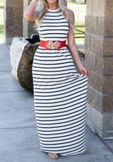 Black-White Striped Round Neck Sleeveless Casual Maxi Dress