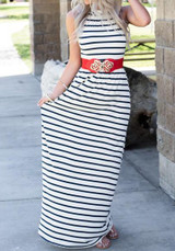 Black-White Striped Round Neck Sleeveless Casual Maxi Dress
