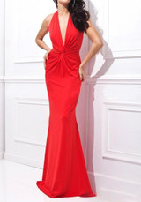 Red Plain Zipper Plunging Neckline Fashion Maxi Dress