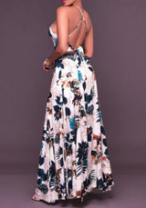 White Flowers Print Backless Tie Back Cross Back Side Slit Maxi Dress