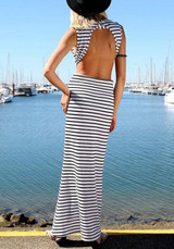 White Striped Cut Out Round Neck Maxi Dress