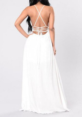White Embroidery Pleated Backless Side Slit Prom Evening Party Maxi Dress