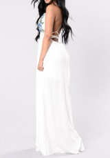 White Embroidery Pleated Backless Side Slit Prom Evening Party Maxi Dress