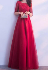 Patchwork Lace Grenadine Round Neck Elbow Sleeve Maxi Dress