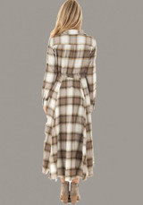 Khaki-White Plaid Single Breasted Sashes Irregular Turndown Collar Casual Maxi Dress
