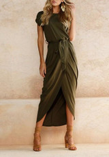 Deep Green Sashes Irregular Round Neck Fashion Maxi Dress