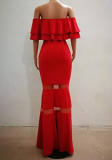 Red Patchwork Grenadine Off-Shoulder Boat Neck Cascading Ruffle Maxi Dress