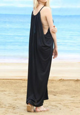Black Spaghetti Straps Draped Round Neck Sleeveless Beach Maxi Dresses