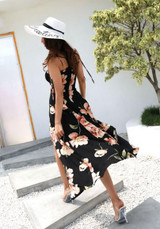 Black Flowers Print Irregular Spaghetti Strap Backless Flowy Bohemian Maxi Dress