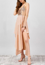 Light Pink Sequin Draped Irregular Spaghetti Strap Backless V-neck Flowy Party Maxi Dress