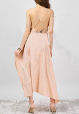 Light Pink Sequin Draped Irregular Spaghetti Strap Backless V-neck Flowy Party Maxi Dress