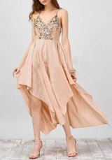 Light Pink Sequin Draped Irregular Spaghetti Strap Backless V-neck Flowy Party Maxi Dress