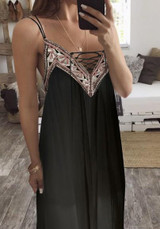 Black Plain Embroidery Condole Belt Plunging Neckline Bohemian Maxi Dress