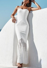 White Patchwork Lace Ruffle Condole Belt V-Back Neck Maxi Dress