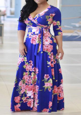 Dark Blue Flowers Print Sashes Deep V-neck 3/4 Sleeve Bohemian Maxi Dress