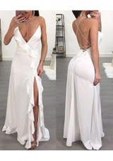 White Spaghetti Strap Ruffle Side Slit Deep V-neck Flowy Las Vegas Maxi Dress