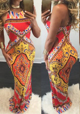 Red Tribal Print Cross Back Backless Spaghetti Strap Bohemian Maxi Dress
