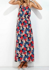 Multicolor Flowers Print Cut Out Draped Spaghetti Straps Backless Bohemian Maxi Dress