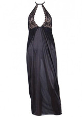 Black Patchwork Lace Backless Cut Out Halter Neck High Slit Party Maxi Dress